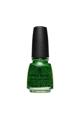 Expansive view of a 14ml capped nail lacquer bottle of China Glaze with black cover lid in white color setting